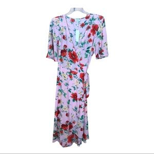 NWT Bobeau Floral Pink Red TRUE WRAP PLUS 2X Dress Lined Artsy Flutter Sleeves